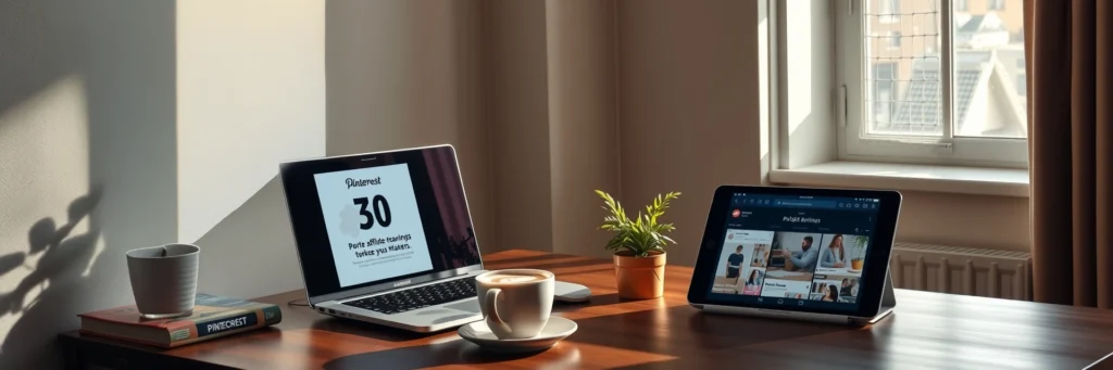 Building Niche Affiliate Sites: Start Your Journey to Passive Income Today in 2025 7 Triumphant desk with a 30-day calendar marked in blue, a laptop showing niche affiliate earnings, Pinterest pins on a tablet, and a celebratory plant, marking passive income success from building niche affiliate sites in 2025