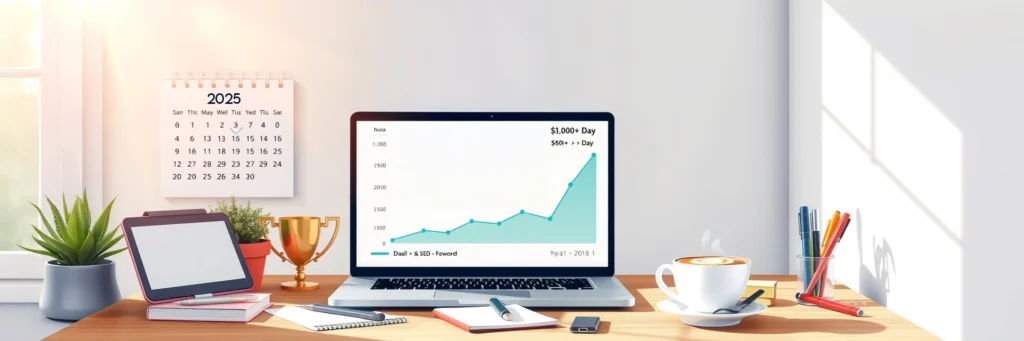 Top Tools for Blogging Success: Make $100+ a Day in 2025 with Simple Tools 7 Triumphant desk scene with a 30-day calendar marked in teal, a laptop displaying '$100+ a Day' blog earnings, Tailwind pins on a tablet, and a trophy, celebrating a successful 2025 blogging strategy for beginners