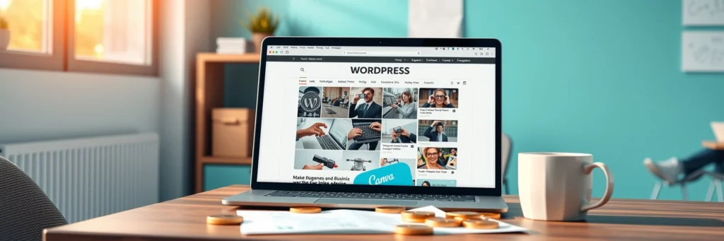 Affiliate Marketing: Your Best Blogging Resources for 2025 8 Photorealistic 8K image of a laptop showing WordPress blog, coins, pin printout, and mug on a desk in a teal-walled office with hustle icons