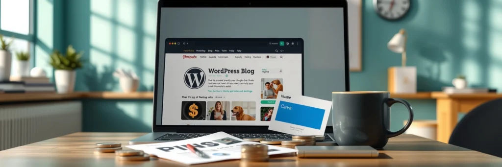 Boost Blog Income: How to Make Money Blogging in 2025 8 Photorealistic 8K image of a laptop showing WordPress blog, coins, pin printout, and mug on a desk in a teal-walled office with hustle icons