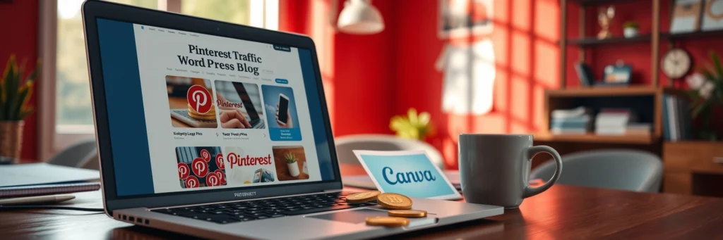 Affiliate Marketing Success Online: Proven Ways to Easily Boost Your Blog Income in 2025 8 Photorealistic 8K image of a laptop showing WordPress blog, coins, pin printout, and mug on a desk in a red-walled office with hustle icons
