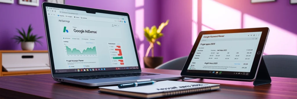 Boost Blog Income: How to Make Money Blogging in 2025 5 Photorealistic 8K image of a laptop showing AdSense earnings, tablet with Google Keyword Planner, and notebook on a desk in a purple-walled office with ad icons