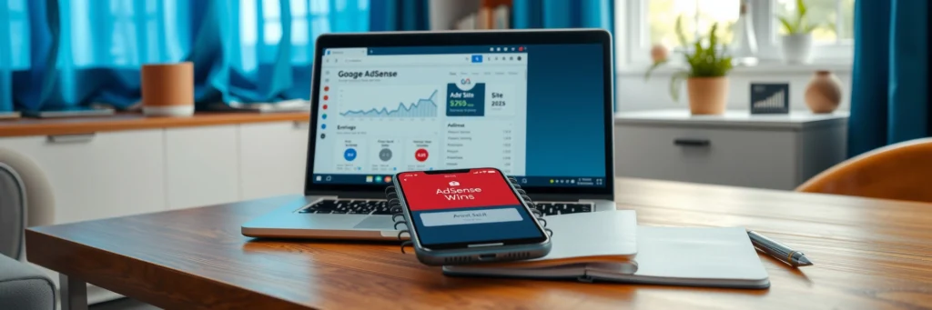 Maximize Blog Ad Revenue: Secrets to Crush It with AdSense vs. Alternatives in 2025 3 Photorealistic 8K close-up of a laptop showing AdSense dashboard, smartphone with Site Kit, and notebook on a desk in a blue-curtained office with ad icons.