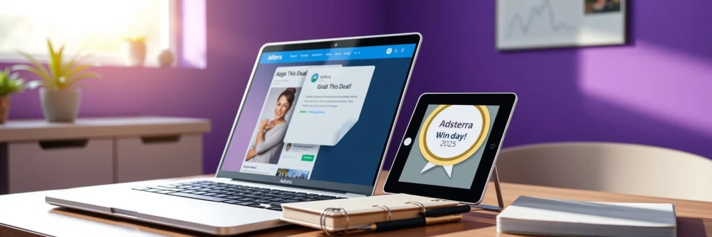 Maximize Blog Ad Revenue: Secrets to Crush It with AdSense vs. Alternatives in 2025 5 Photorealistic 8K image of a laptop showing Adsterra popunder, tablet with Canva pin, and notebook on a desk in a purple-walled office with ad icons.