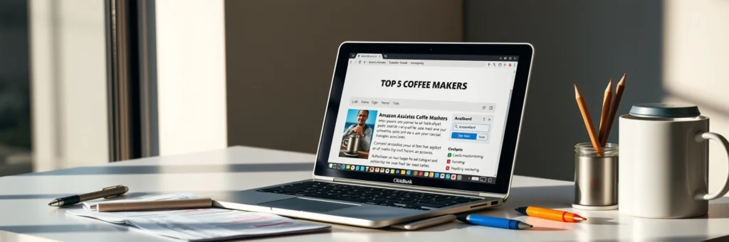 Building Niche Affiliate Sites: Start Your Journey to Passive Income Today in 2025 4 Modern desk with a laptop open to a 'Top 5 Coffee Makers' post, Amazon Associates links highlighted, a pen marking a printed draft, and a smartphone showing ClickBank, showcasing content creation for niche affiliate sites