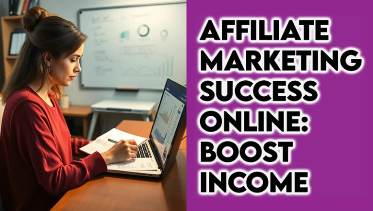 Woman analyzing affiliate marketing performance metrics and conversion data on laptop in home office with strategy whiteboard