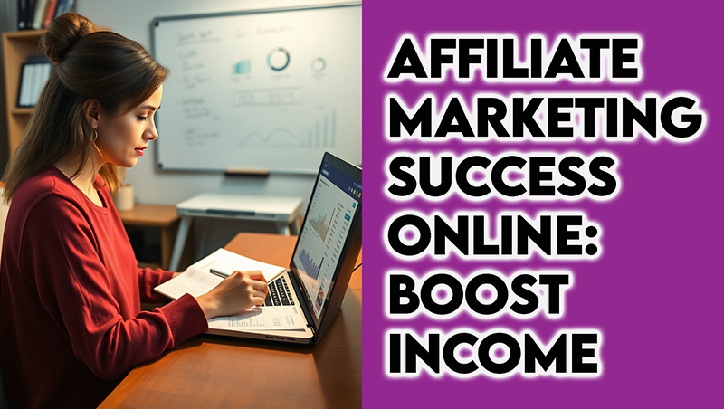 Woman analyzing affiliate marketing performance metrics and conversion data on laptop in home office with strategy whiteboard