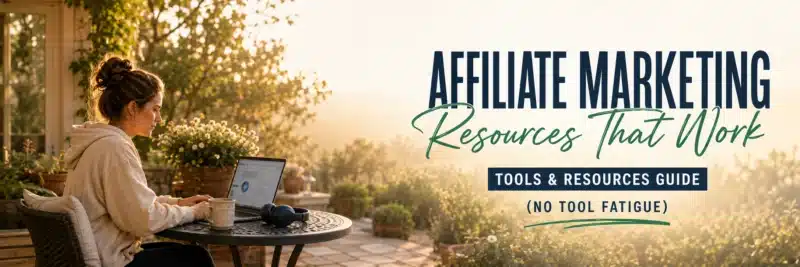 woman reviewing affiliate marketing resources on a laptop at a garden table