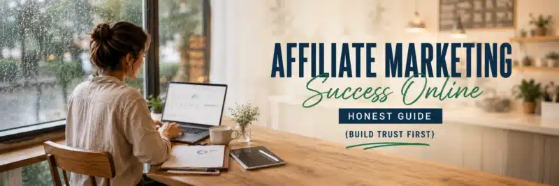 woman reviewing affiliate marketing success online strategy on a laptop at a dining table