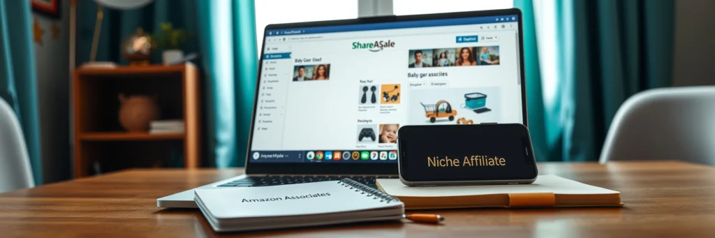 Affiliate Marketing Success Online: Proven Ways to Easily Boost Your Blog Income in 2025 3 Photorealistic 8K close-up of a laptop showing ShareASale dashboard, smartphone with Amazon SiteStripe, and notebook on a desk in a teal-curtained office with affiliate icons