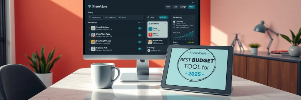 Boost Blog Income: How to Make Money Blogging in 2025 4 Photorealistic 8K image of a monitor showing ShareASale dashboard, tablet with Canva pin, and mug on a marble desk in a coral-walled office with affiliate icons