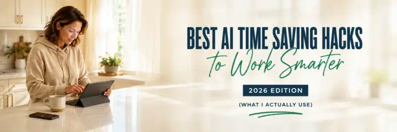 Woman using ai time saving hacks on a tablet at her kitchen counter
