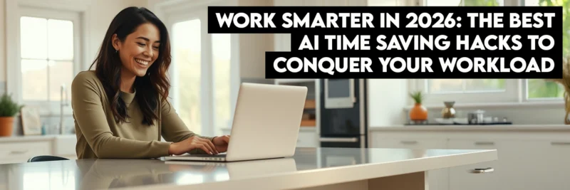 A professional woman using ai time saving hacks on her laptop from her home kitchen.