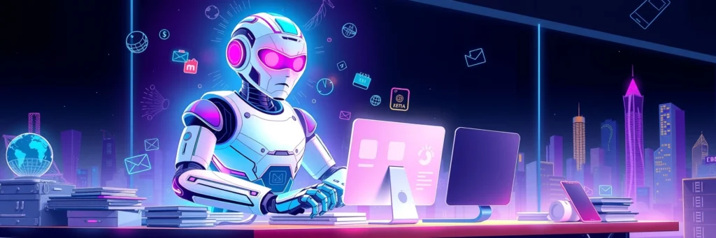 AI Time-Saving Hacks: Conquer Workload Chaos in 2025 3 AI robot organizing a chaotic desk into a sleek workspace, symbolizing time saved in 2025 with a cheering hustler in a futuristic city.