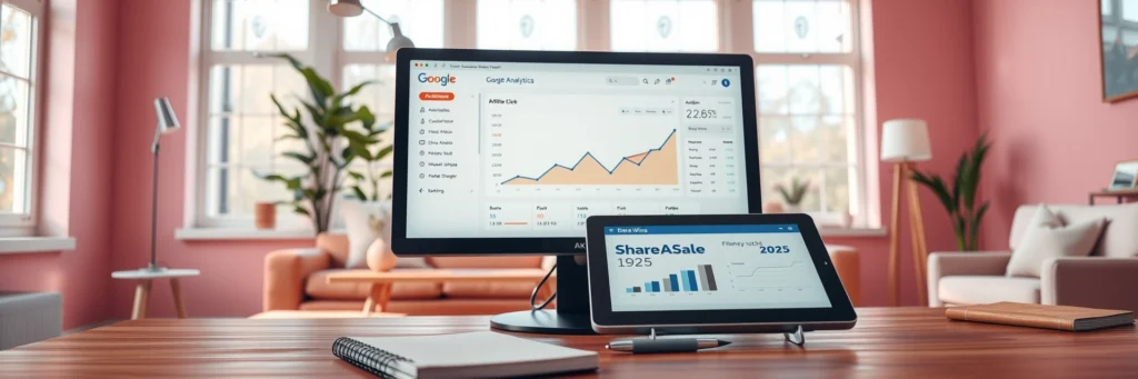 Turn Small Blogs into Big Profits: Affiliate Hacks for 2025 7 Photorealistic 8K image of a monitor showing Google Analytics, tablet with ShareASale stats, and notebook on a desk in a pink living room with analytics icons