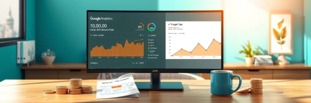 Effortless SEO Basics for Beginners to Conquer 2025 Profits 8 Photorealistic 8K image of a monitor showing a Google Analytics dashboard, with gold coins, report, and mug on a desk in a teal-walled office with analytics graphs