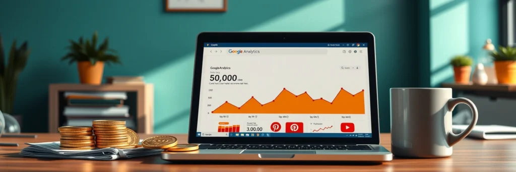 Thrive with Triple Your Blog Traffic with Pinterest in 2025 8 Photorealistic 8K image of a laptop showing Google Analytics, coins, pin mockup, and mug on a desk in a teal-walled office with analytics icons