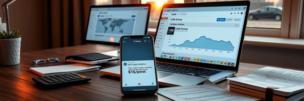 Building Niche Affiliate Sites: Start Your Journey to Passive Income Today in 2025 6 Professional desk with a laptop displaying Google Analytics for a top niche affiliate post, a Fiverr order for '$15/post,' and a stack of content plans, illustrating automation and scaling for niche affiliate sites