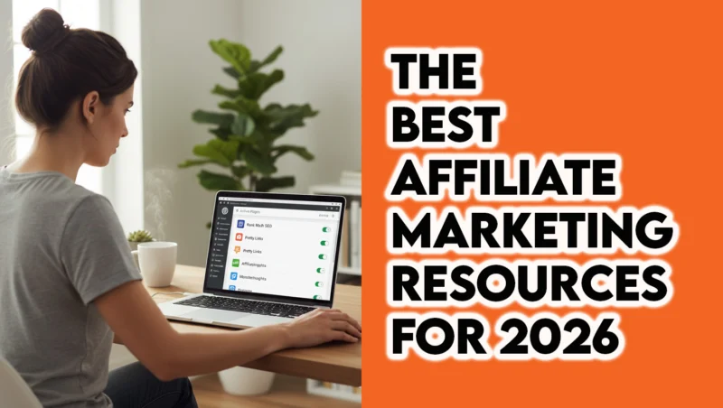 Woman using laptop with affiliate marketing plugins displayed, representing top blogging tools and resources for 2026.