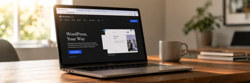 Laptop on a warm walnut home office desk displaying the WordPress.org homepage with multiple blogging platform browser tabs visible as part of a best blogging platforms comparison