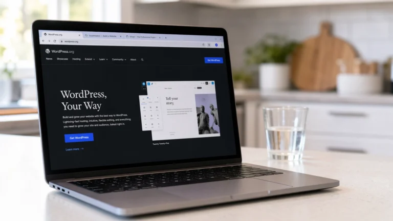 Laptop on a bright white kitchen island displaying the WordPress.org homepage with other blogging platform tabs visible in the browser as part of a best blogging platforms comparison