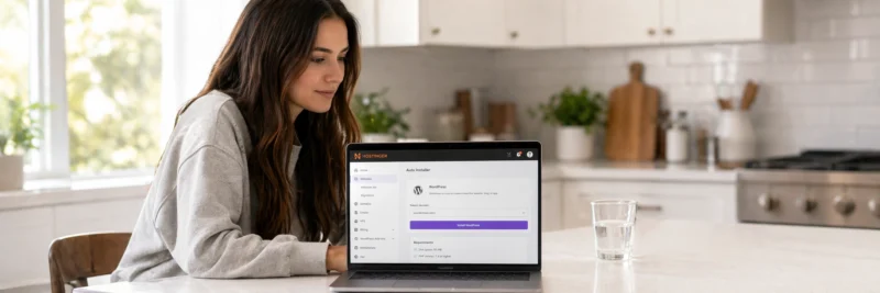 Woman in casual clothes at a bright white kitchen island with laptop showing the Hostinger WordPress auto-installer page as the best platform to start a blog for serious bloggers