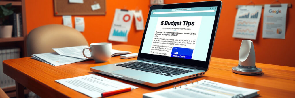 Blogging 101: Build Your First Profitable Site in 2025 6 Photorealistic 8K close-up of a laptop typing a '5 Budget Tips' blog post, with drafts, a notepad, and coffee cup on a desk in an orange-walled room with SEO charts.