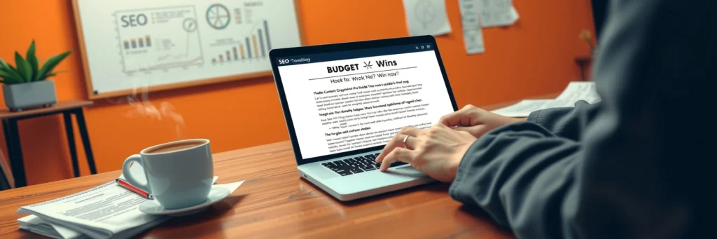 Content Planning for Bloggers in 2025: Build Posts That Win Big 5 Photorealistic 8K close-up of a laptop typing a 'Budget Wins' blog post, with a notepad, latte, and drafts on a desk in an orange-walled room with SEO charts