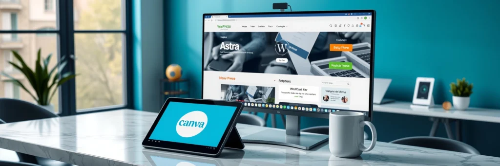 Affiliate Marketing: Your Best Blogging Resources for 2025 4 Photorealistic 8K image of a monitor showing WordPress dashboard, tablet with Canva, and mug on a marble desk in a teal-walled office with setup icons