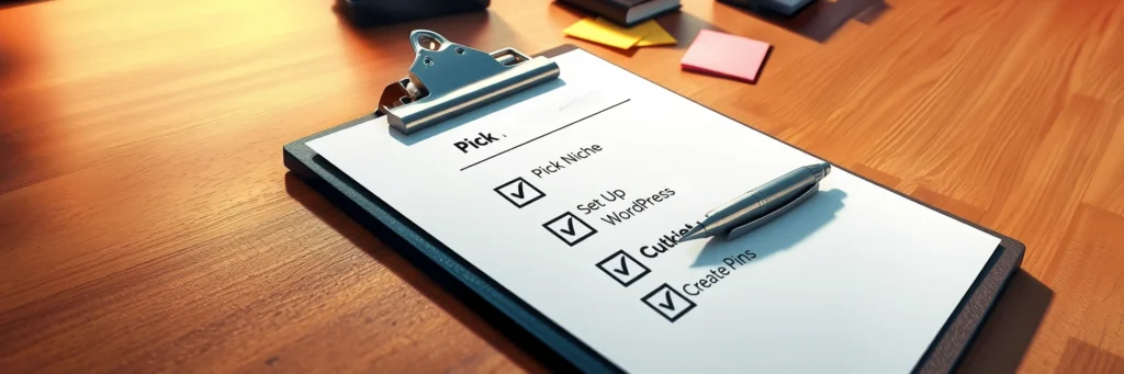 Blogging 101: Build Your First Profitable Site in 2025 3 Photorealistic 8K close-up of a clipboard with a blogging checklist, pen, and coffee cup on a wooden table in a cozy workspace with soft natural light.