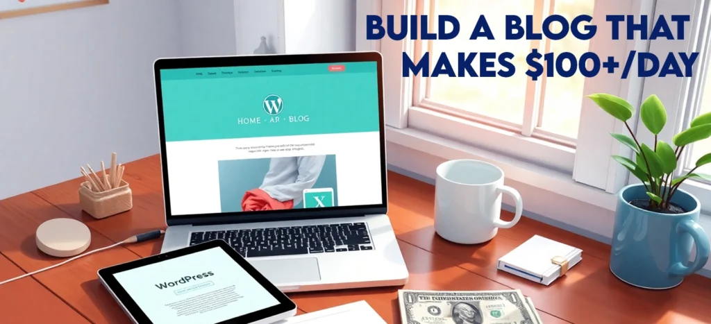 Top Tools for Blogging Success: Make $100+ a Day in 2025 with Simple Tools 2 Cozy home office desk with a laptop displaying a WordPress blog homepage using the Astra theme in teal and coral tones, surrounded by a Canva pin mockup, Grammarly-edited draft, Tailwind schedule, and a '$100+ a Day' sticky note, showcasing blogging tools for beginners in 2025