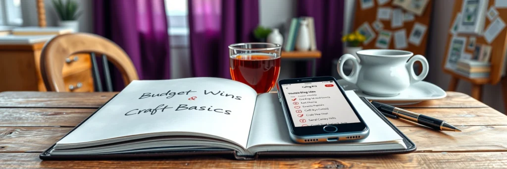 Content Planning for Bloggers in 2025: Build Posts That Win Big 3 Photorealistic 8K close-up of a notebook with handwritten blog ideas, a smartphone showing ChatGPT, and a tea cup on a wooden desk in a cozy office with purple curtains.