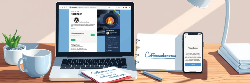 Building Niche Affiliate Sites: Start Your Journey to Passive Income Today in 2025 3 Simple workspace with a laptop displaying a Hostinger WordPress setup for a niche affiliate site, Astra theme active, a notepad listing 'coffeemakerdeals.com,' and a tea cup, ideal for launching niche affiliate sites on a budget in 2025