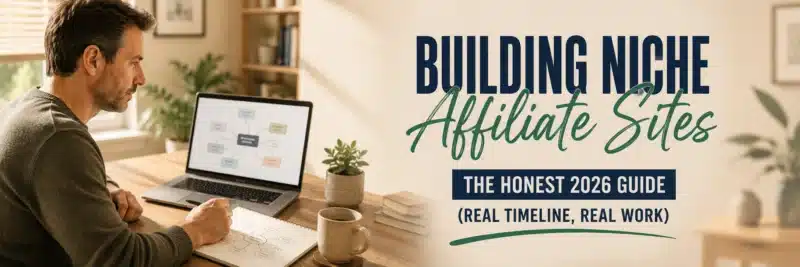 building niche affiliate sites, someone mapping a content cluster at a desk, illustrating how to build niche affiliate sites honestly in 2026