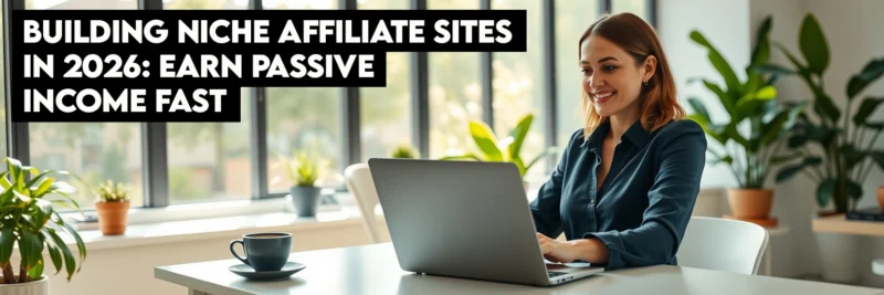 Woman working on laptop from home office, researching and building niche affiliate sites to earn passive income in 2026