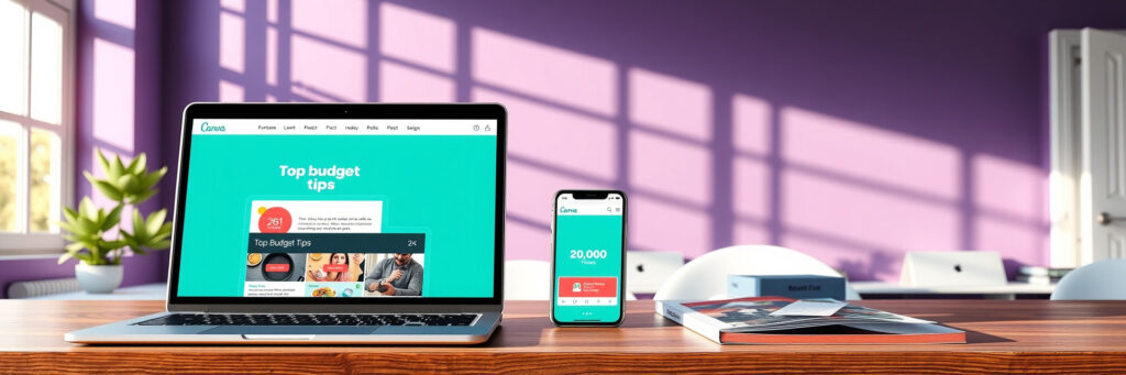 Thrive with Triple Your Blog Traffic with Pinterest in 2025 4 Photorealistic 8K image of a laptop showing a Canva pin, smartphone, and mockup on a desk in a purple-walled office with design icons