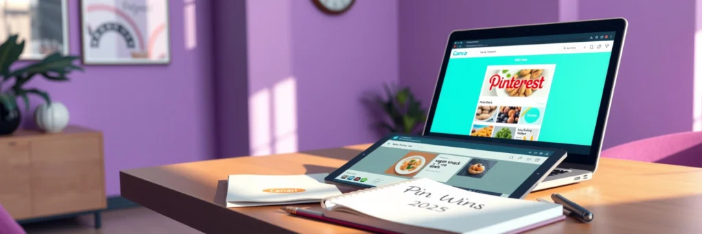 Turn Small Blogs into Big Profits: Affiliate Hacks for 2025 5 Photorealistic 8K image of a laptop showing Canva pin, tablet with Pinterest board, and notebook on a desk in a purple-walled office with pin icons
