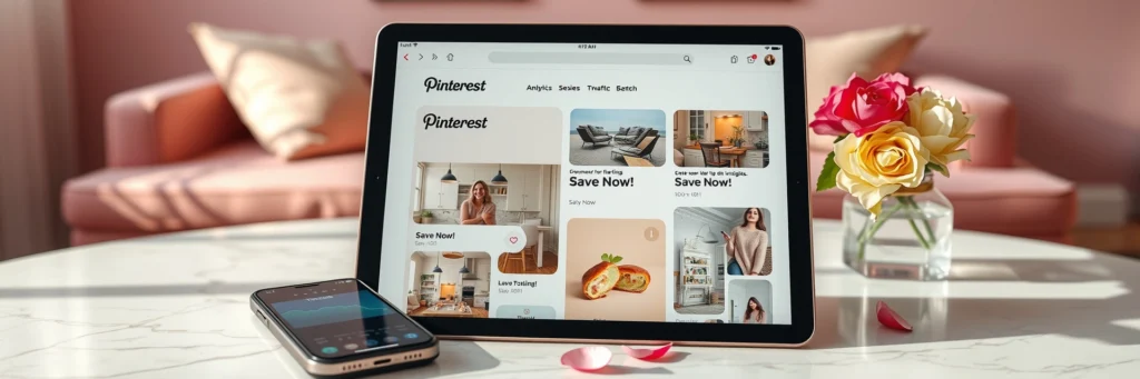 Blogging 101: Build Your First Profitable Site in 2025 7 Photorealistic 8K image of a tablet showing a Pinterest feed with Canva pins, a smartphone with analytics, and flowers on a marble table in a pink living room