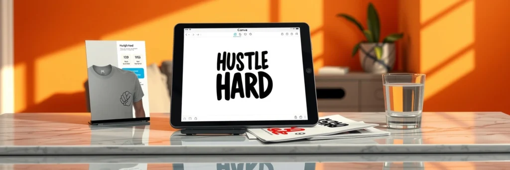 Photorealistic 8k Close-up of a Tablet Showing a Canva 'Hustle Hard' t-shirt design, with mockups, stylus, and water glass on a marble desk in an orange-walled room with design icons