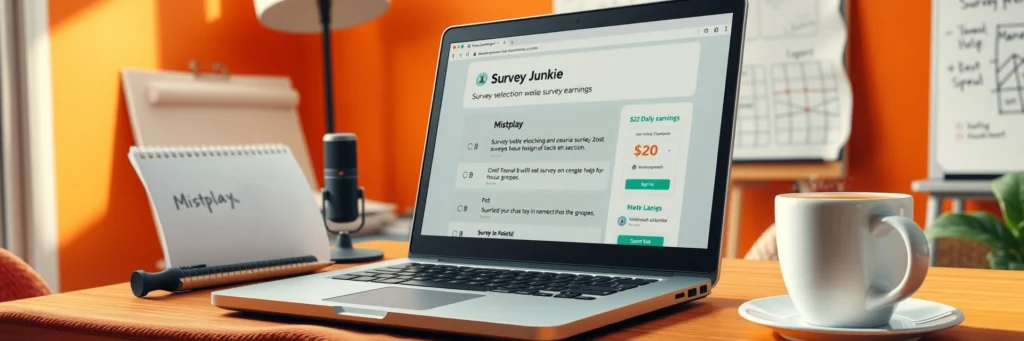 Photorealistic 8k Close-up of a Laptop Showing a Survey Junkie Page, with a Notepad, Microphone, and Latte on a Desk in an Orange-walled Room with Method Comparison Charts.