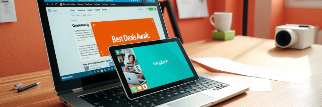 Affiliate Marketing: Your Best Blogging Resources for 2025 5 Photorealistic 8K image of a laptop showing Grammarly, tablet with Canva banner, and Unsplash pic on a desk in a coral-walled workspace with content icons
