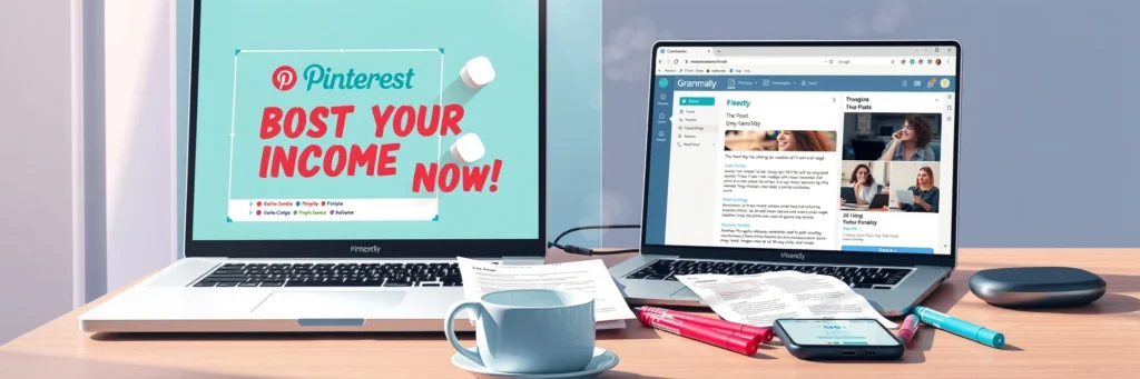 Top Tools for Blogging Success: Make $100+ a Day in 2025 with Simple Tools 3 Modern workspace featuring a monitor with a Canva Pinterest pin design in teal and coral, bold Montserrat text reading 'Boost Your Income Now!', alongside a laptop showing Grammarly editing a blog post, perfect for crafting standout Pinterest content for blogs