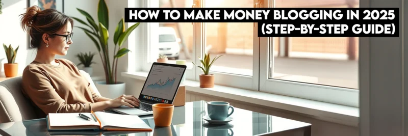 Successful female blogger working in sunlit minimalist home office with rising blog analytics displayed on laptop