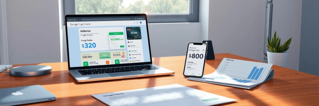 Ultimate Guide to Stacking Passive Income from Blogging like a Pro in 2025 3 Modern workspace with a laptop displaying a Google AdSense dashboard on a 'Frugal Hacks' blog, a smartphone showing Mediavine stats, and a traffic graph printout, showcasing display ads for stacking blog income streams in 2025