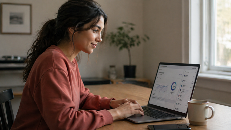 Woman using a laptop at home exploring ways to make money online
