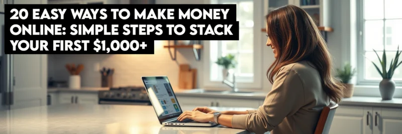A woman working on her laptop at home, exploring easy ways to make money online with a legitimate online income sources.