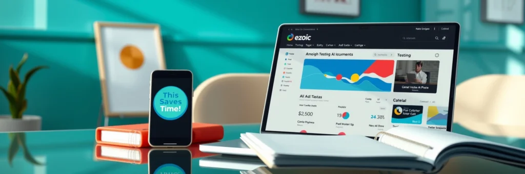 Maximize Blog Ad Revenue: Secrets to Crush It with AdSense vs. Alternatives in 2025 6 Photorealistic 8K image of a laptop showing Ezoic dashboard, smartphone with Canva pin, and planner on a glass desk in a teal-walled office with AI icons