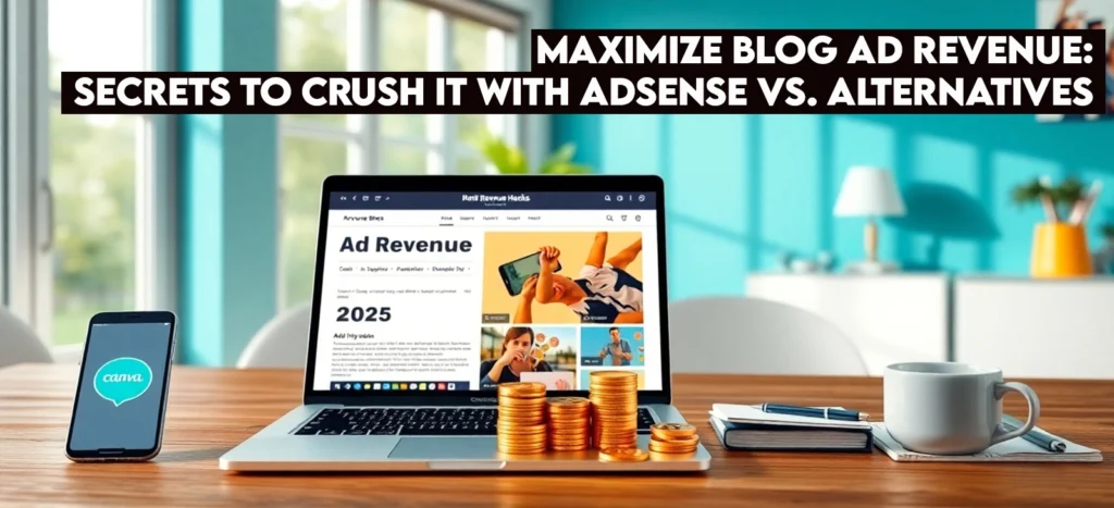 Maximize Blog Ad Revenue: Secrets to Crush It with AdSense vs. Alternatives in 2025 2 Photorealistic 8K image of a desk with a laptop showing WordPress blog, smartphone, gold coins, notepad, and mug, with ‘Earn Big in 2025!’ on a blue-green wall.