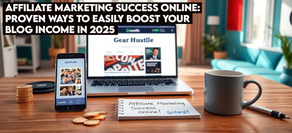 Affiliate Marketing Success Online: Proven Ways to Easily Boost Your Blog Income in 2025 2 Photorealistic 8K image of a desk with a laptop showing WordPress blog, smartphone with Canva pin, coins, notepad, and mug, with ‘Boost Blog Income 2025!’ on a teal-red wall.