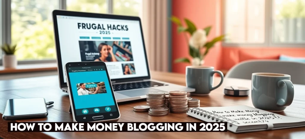 Boost Blog Income: How to Make Money Blogging in 2025 2 Photorealistic 8K image of a desk with a laptop showing WordPress blog, smartphone, silver coins, notepad, and mug, with ‘Save Big in 2025!’ on a teal-coral wall.